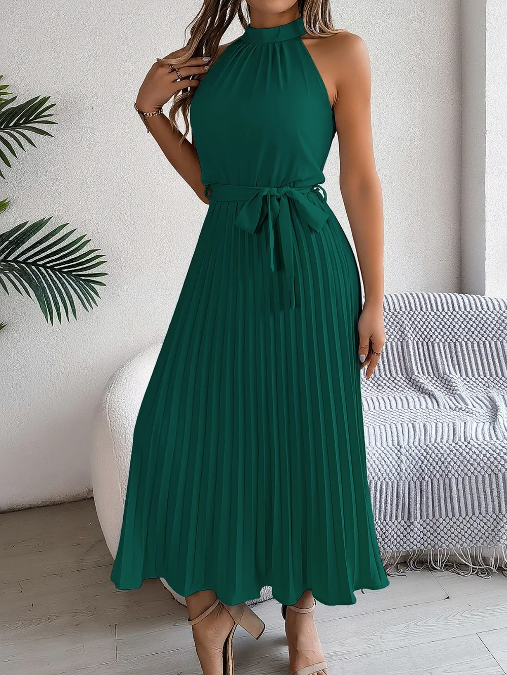 Grecian Neck Tie Waist Pleated Dress, image 13