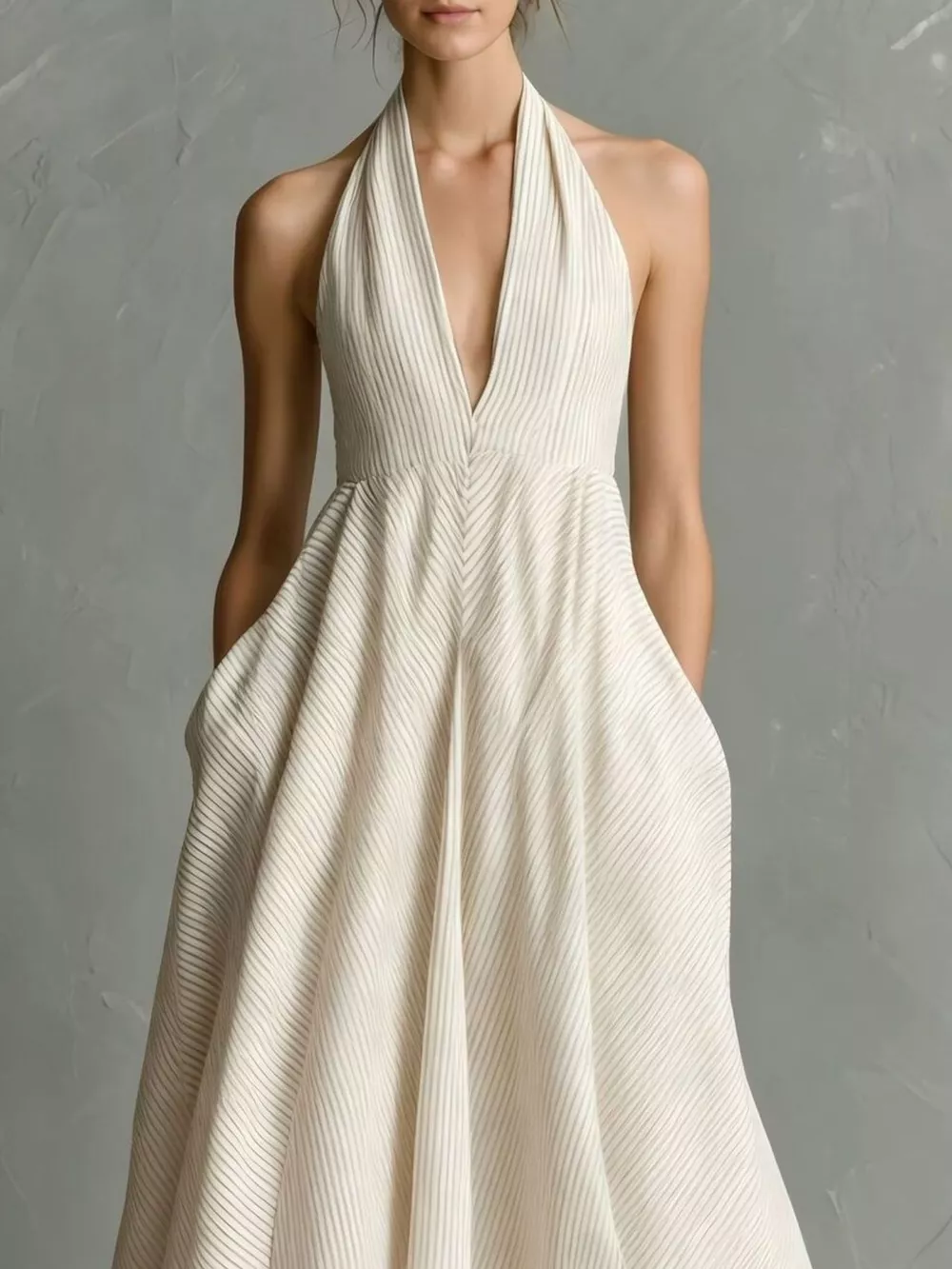 Full Size Striped Halter Neck Maxi Dress with Pockets Plus Size