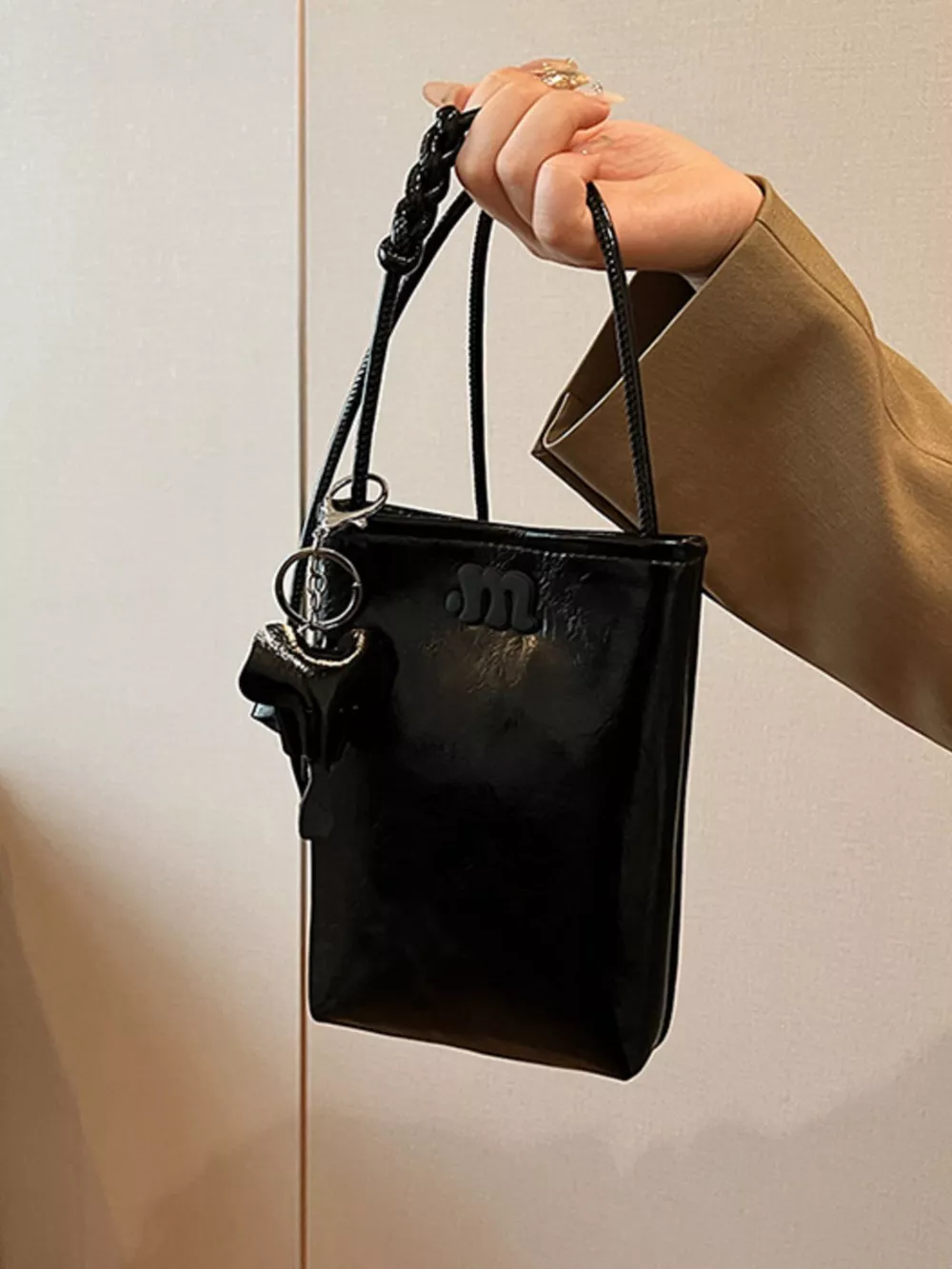 Minimalist PU Leather Crossbody Bag with Elephant Charm