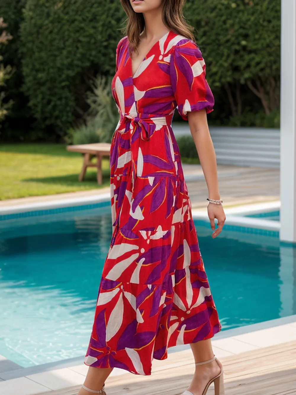 Tied Slit Printed Half Sleeve Midi Dress, image 3