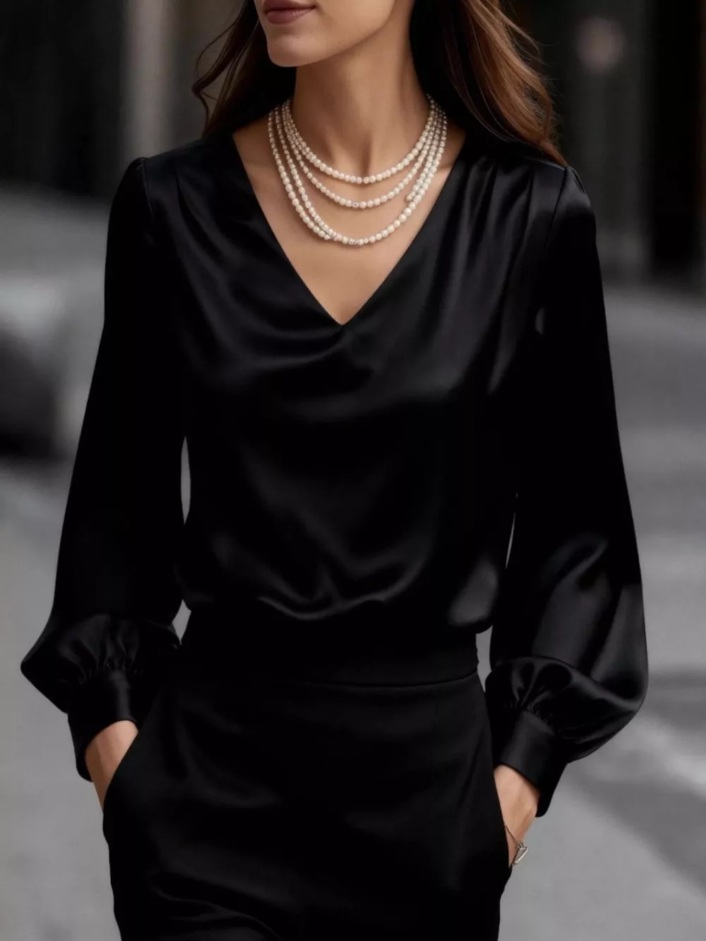 Satin V-Neck Long Sleeve Blouse, image 3
