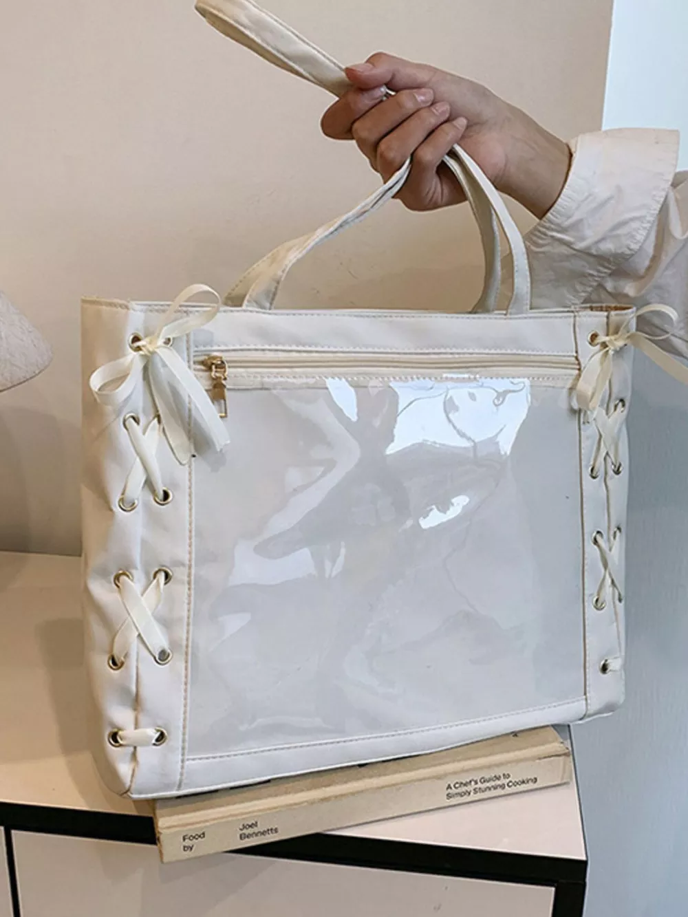Lace-Up Trim Clear Panel Shoulder Bag, image 18