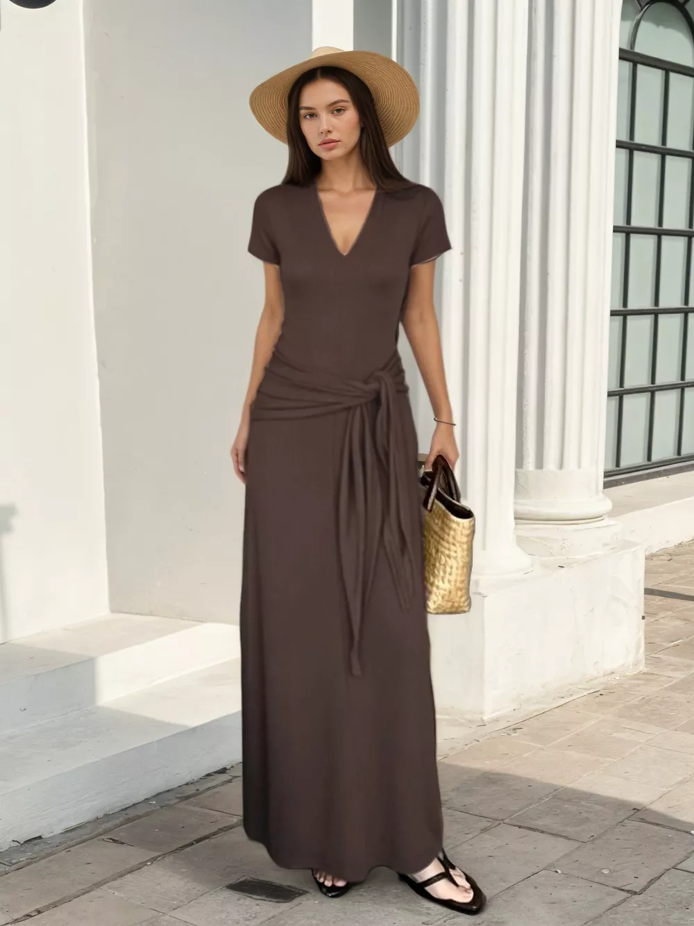 V-Neck Short Sleeve Maxi Dress with Waist-Tie Detail, image 2