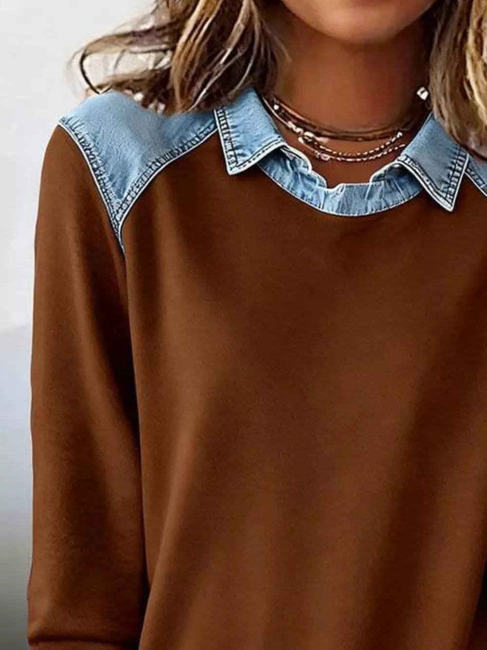 Full Size Denim Trim Long Sleeve Top Plus Size, image 5