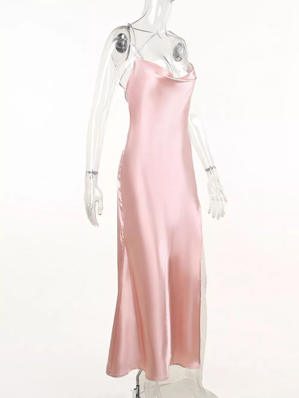 Slinky Satin Cowl Neck High Slit Dress with Back Lace Up, image 9