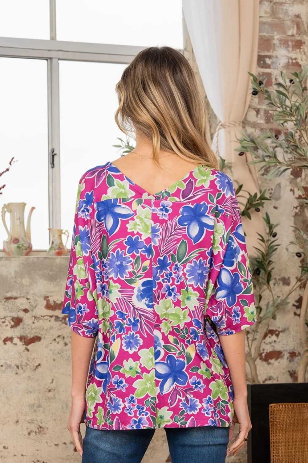 Full Size V-Neck Floral Half Sleeve Top, image 2