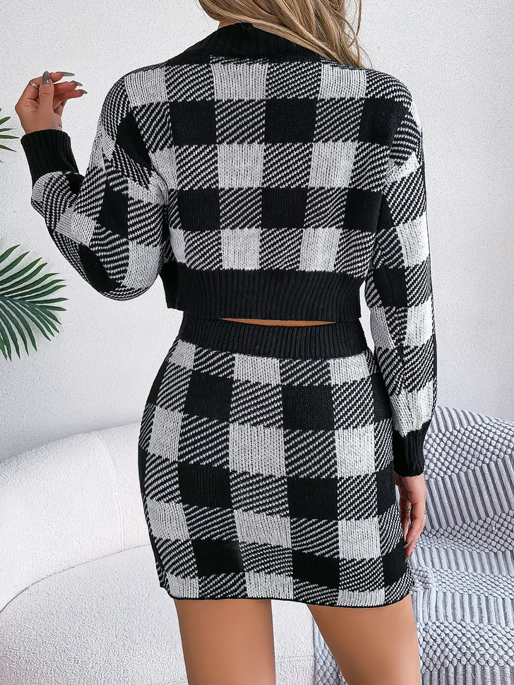 Plaid Round Neck Top and Skirt Sweater Set, image 12