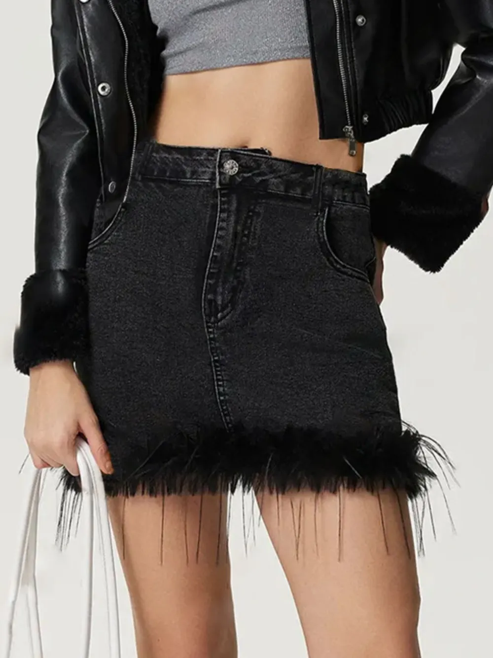 Plush Hem Mini Denim Skirt, image 3