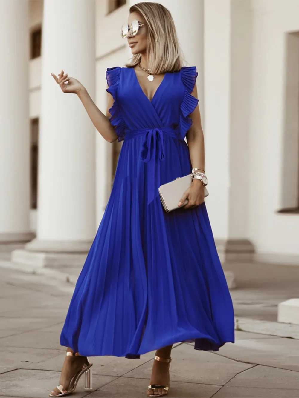 Tied Surplice Cap Sleeve Pleated Dress, image 24