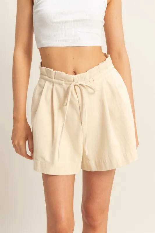 High-Waisted Washed Twill Paperbag Shorts