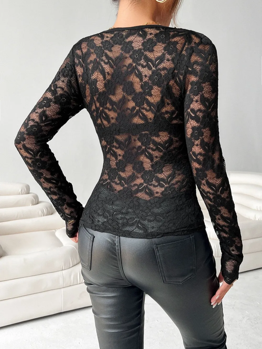 Lace V-Neck Long Sleeve Top, image 9