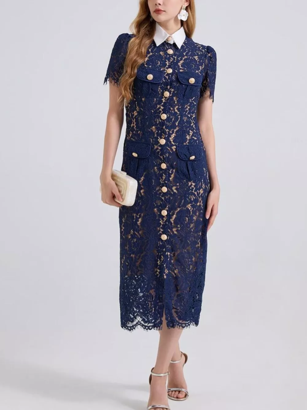Lace Button-Down Midi Dress, image 4
