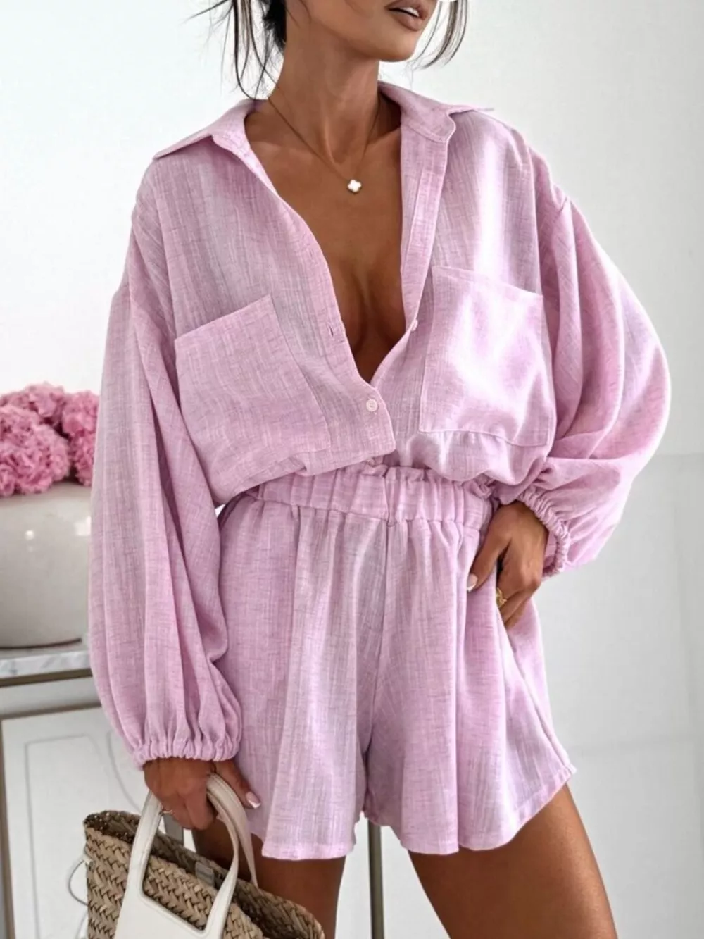 Long Sleeve Shirt and High-Waisted Shorts Set, image 11