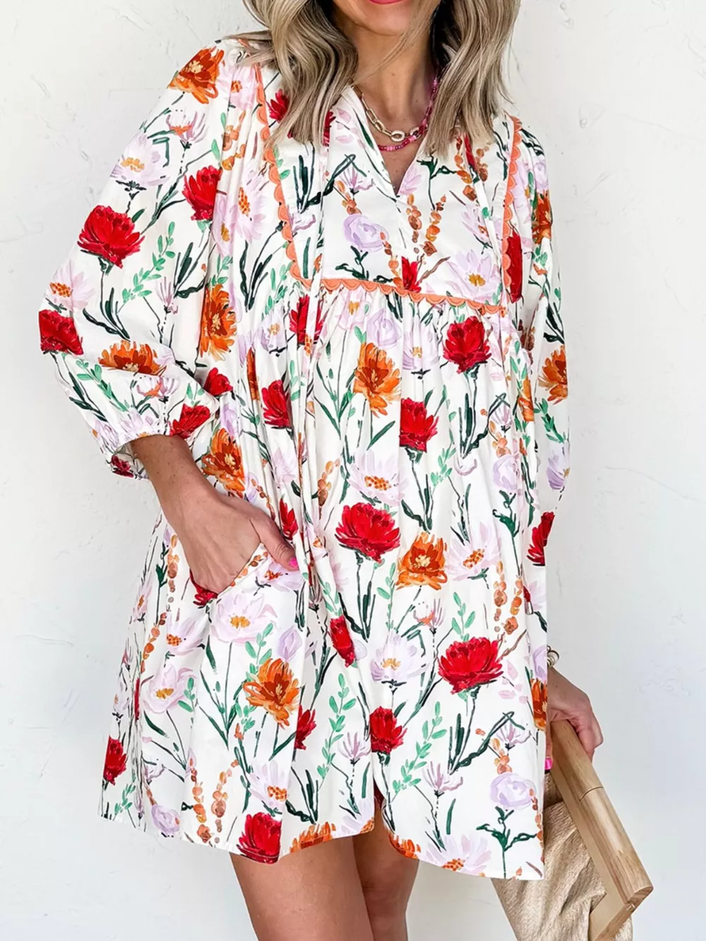Floral Print 3/4 Sleeve Mini Dress, image 4