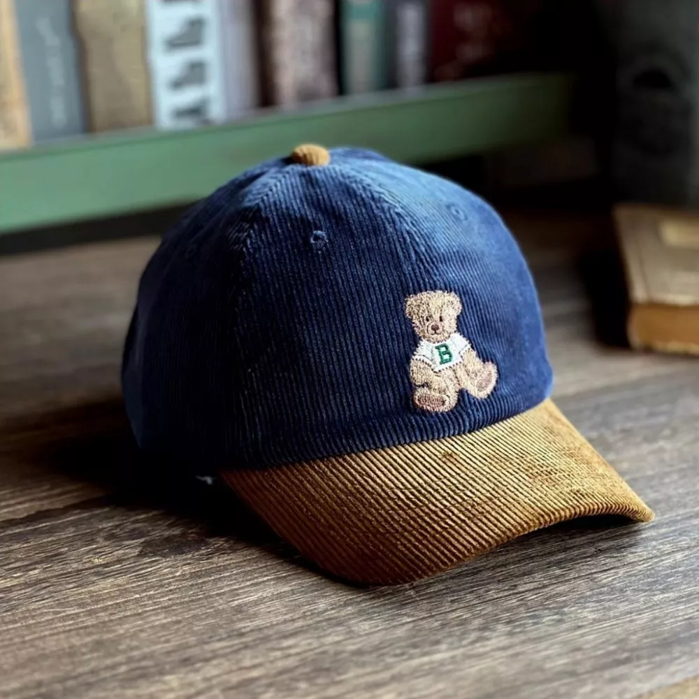 Corduroy Baseball Cap with Embroidered Bear, image 2