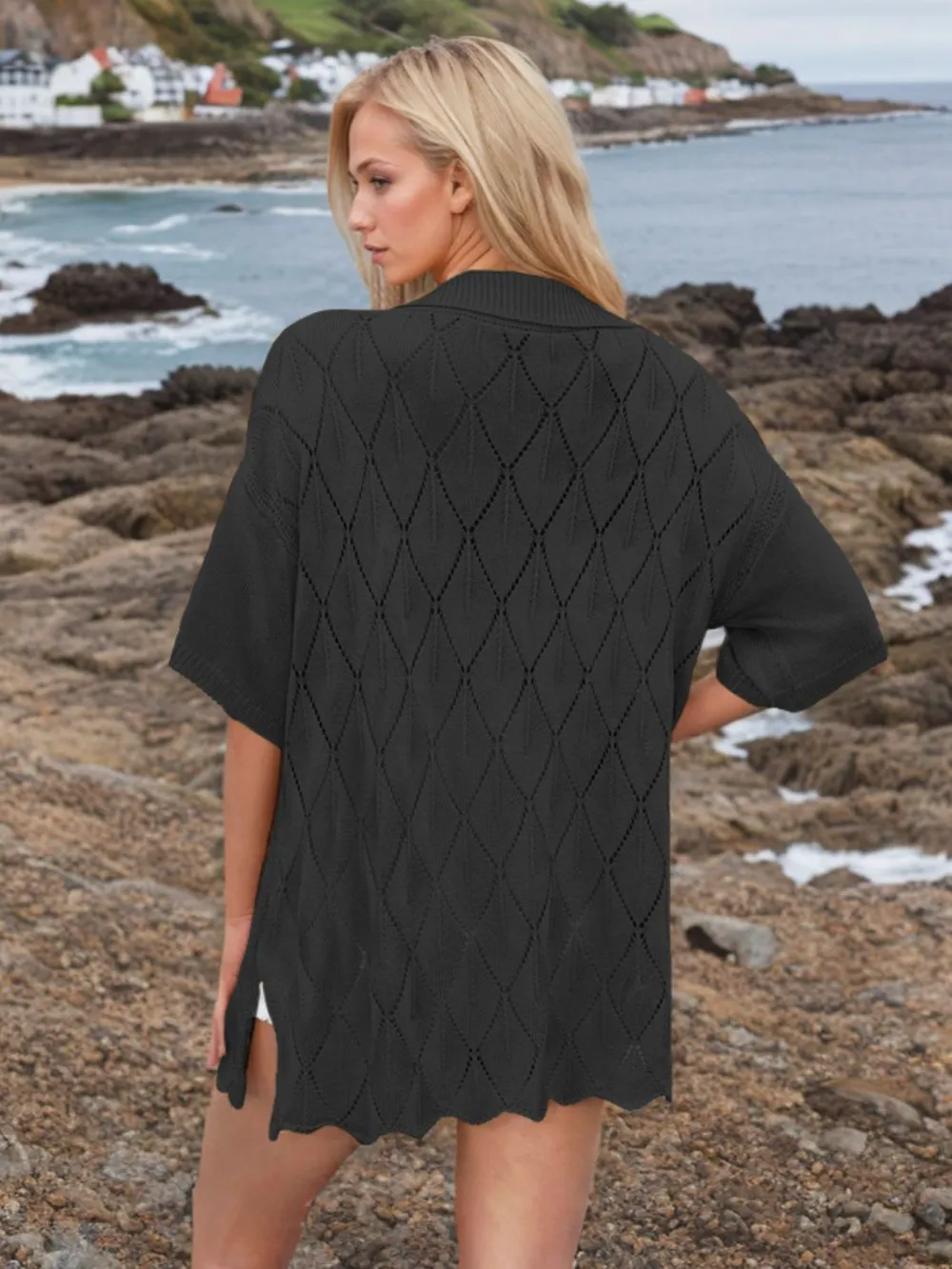 Button Down Eyelet Collared Neck Knit Shirt, image 7