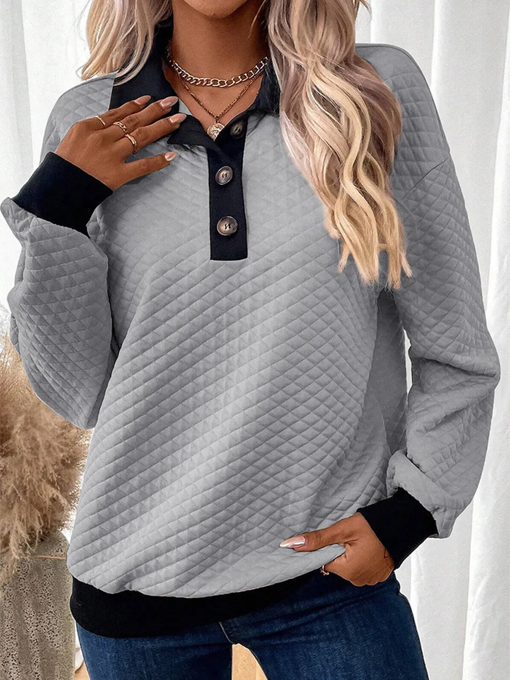 Texture Quarter Button Long Sleeve Sweatshirt, image 3
