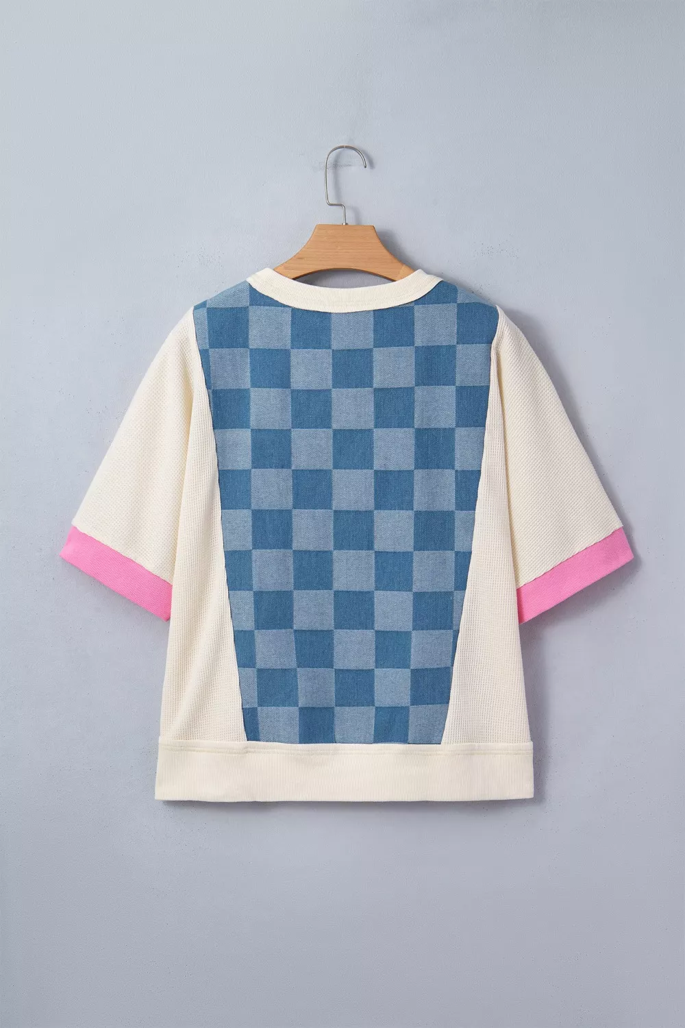 Checkered Denim Patchwork Short Sleeve Loose Top, image 2