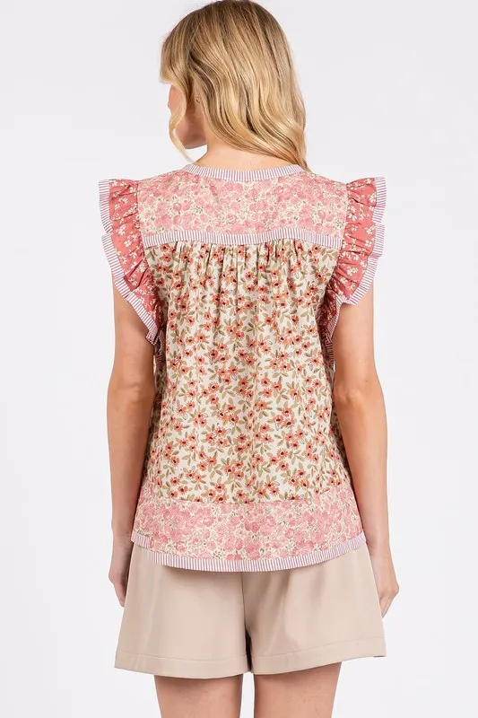 Floral Notched Ruffled Cap Sleeve Blouse, image 3