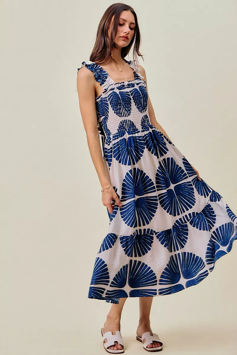 Abstract Print Smocked Bodice Tiered Lined Midi Dress, image 8