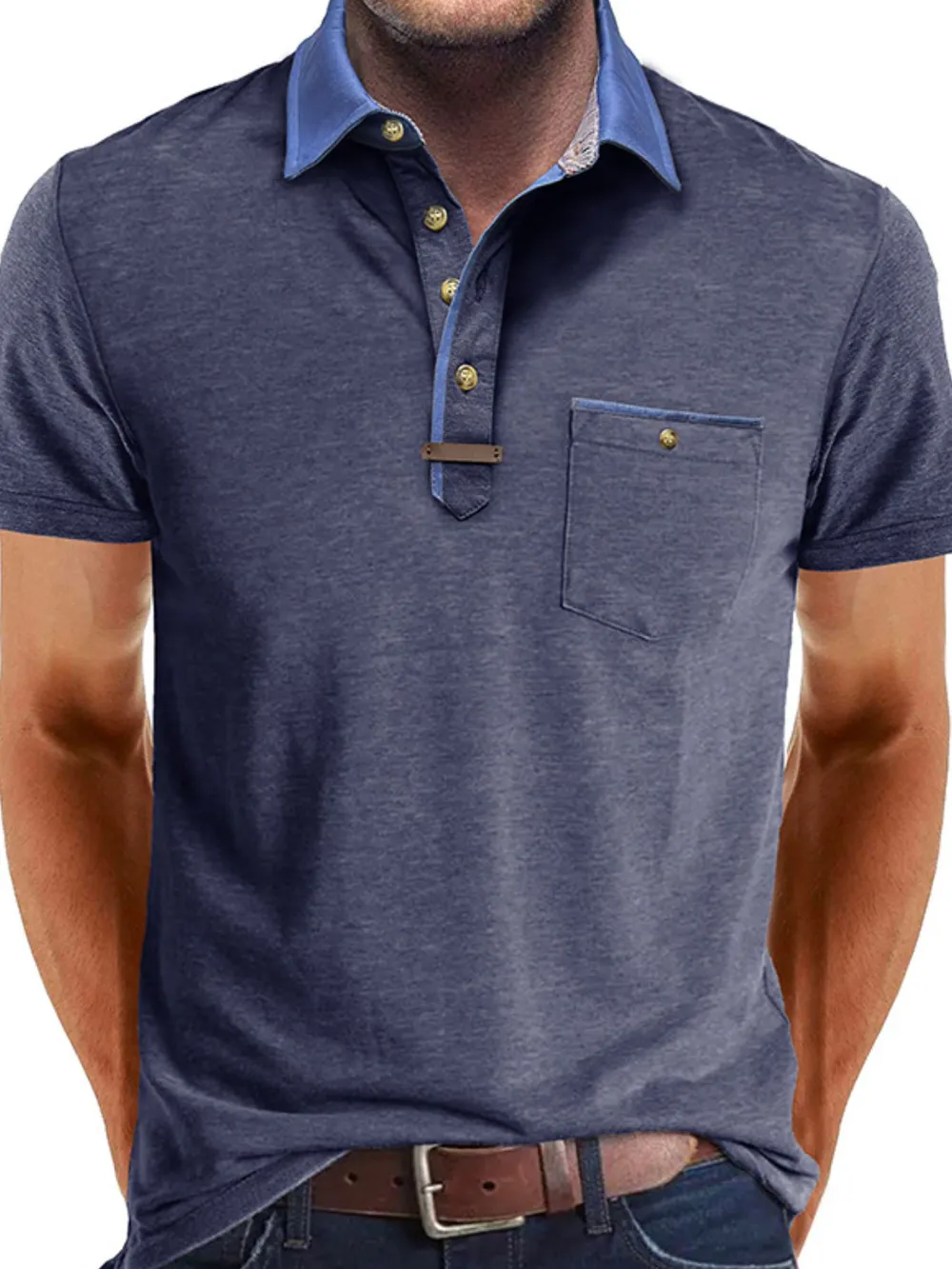 Men's Full Size Contrast Collar Pocket Polo Shirt Plus Size, image 10