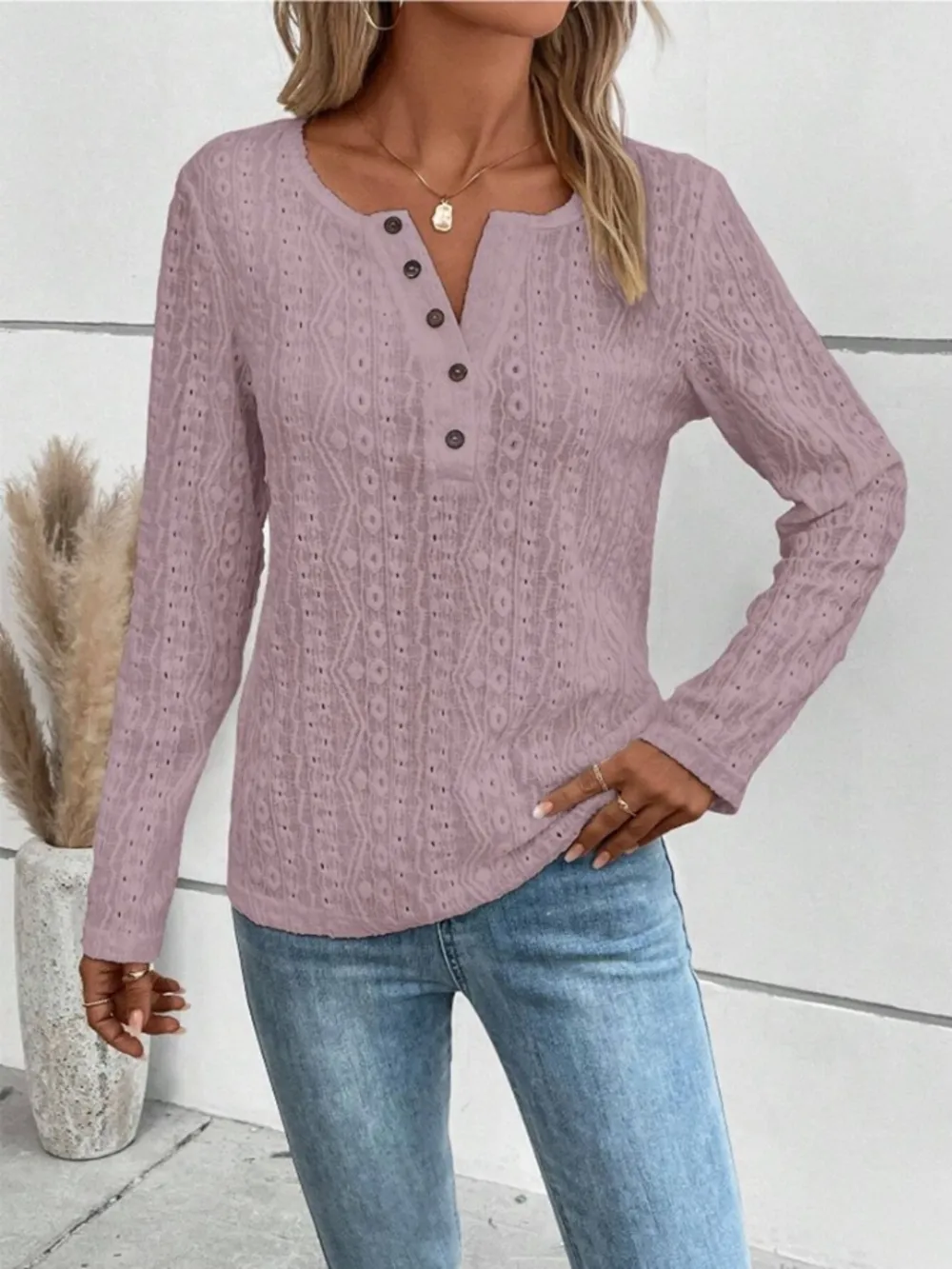 Openwork Half Button Long Sleeve Blouse, image 14