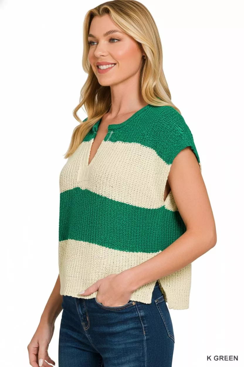 Split Neck Sleeveless Stripe Sweater, image 2