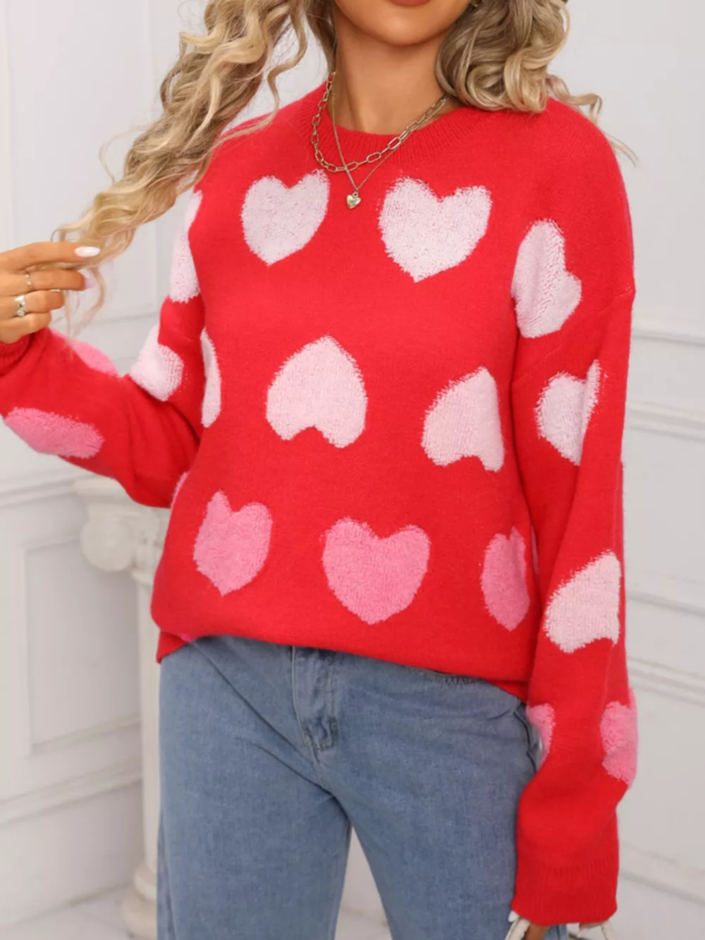 Valentine's Day Heart Pattern Fuzzy Knit Sweater, image 15