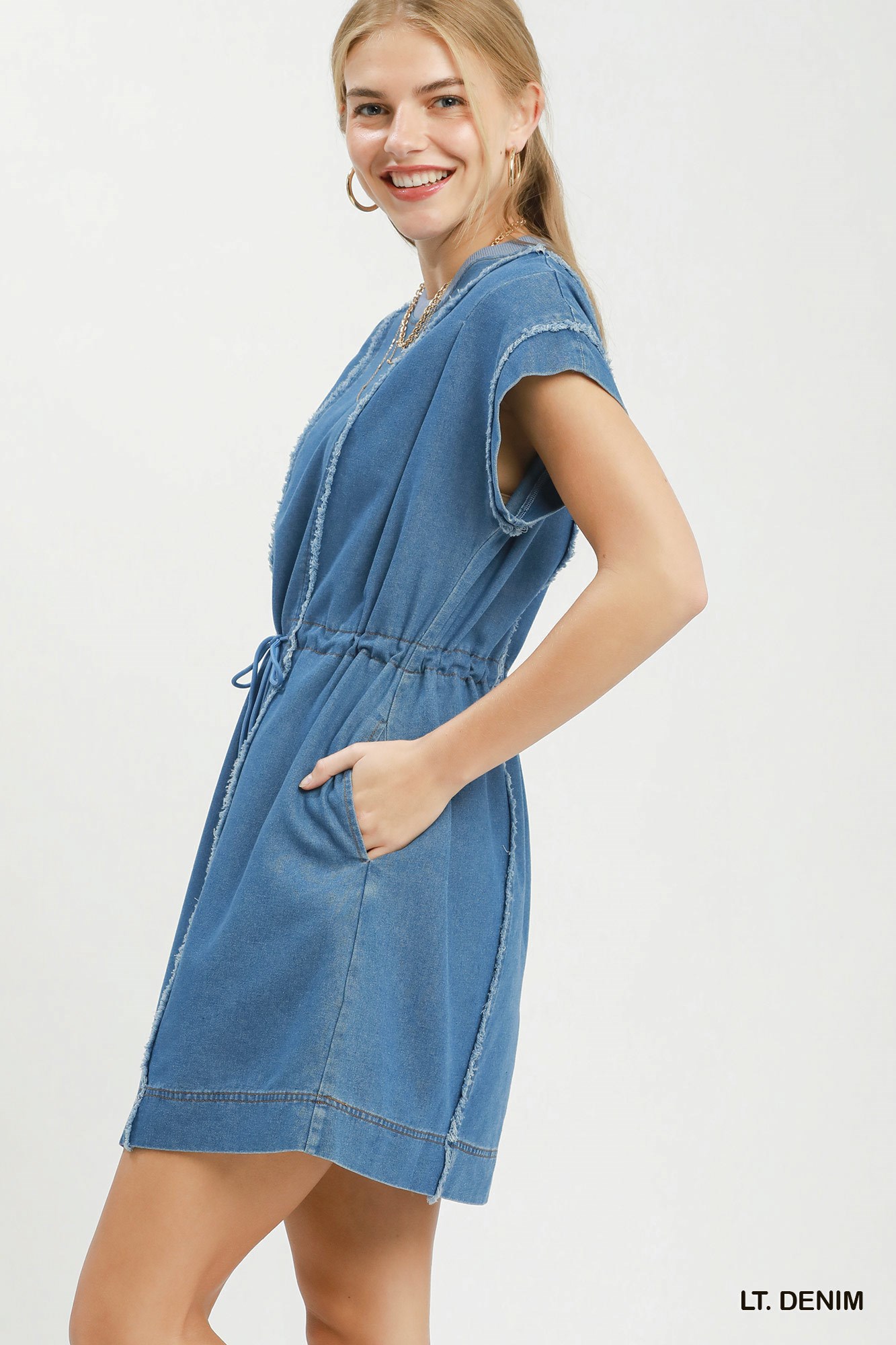Drawstring Waist Frayed Denim Mini Dress, image 2