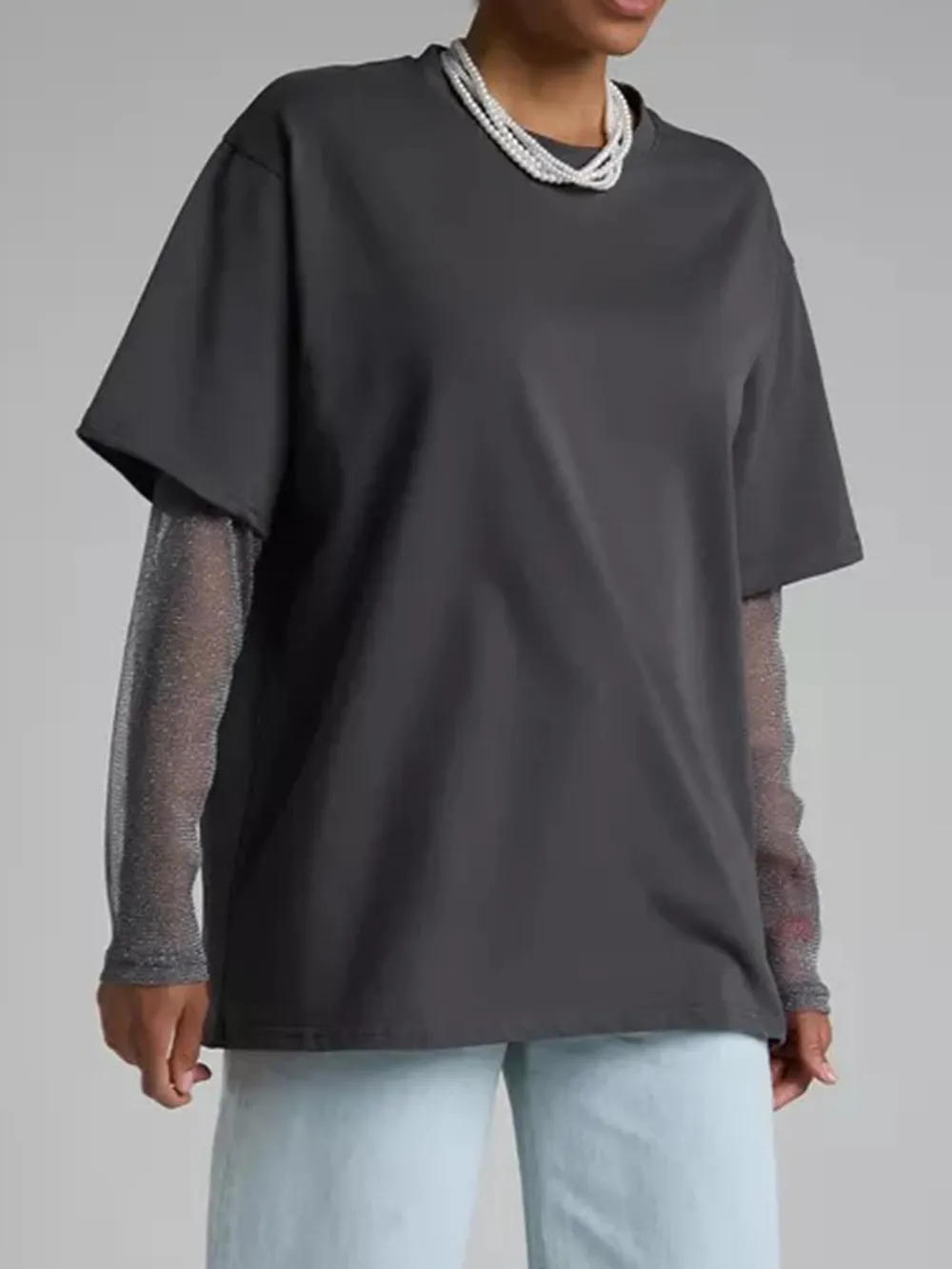 Faux Layered Round Neck Mesh Sleeve Top, image 7