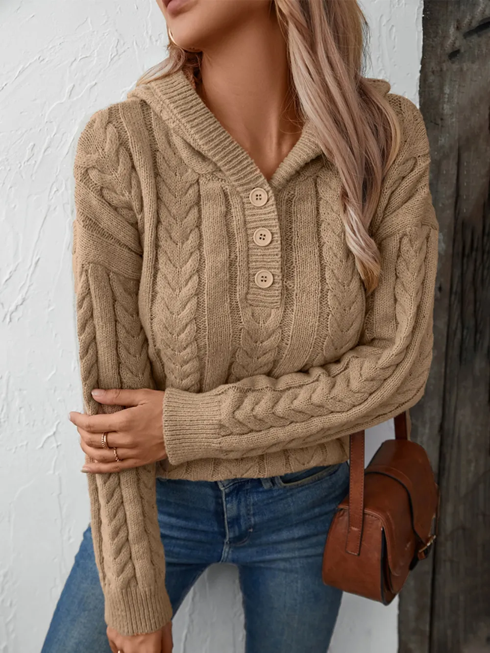 Cable-Knit Long Sleeve Hooded Sweater, image 3