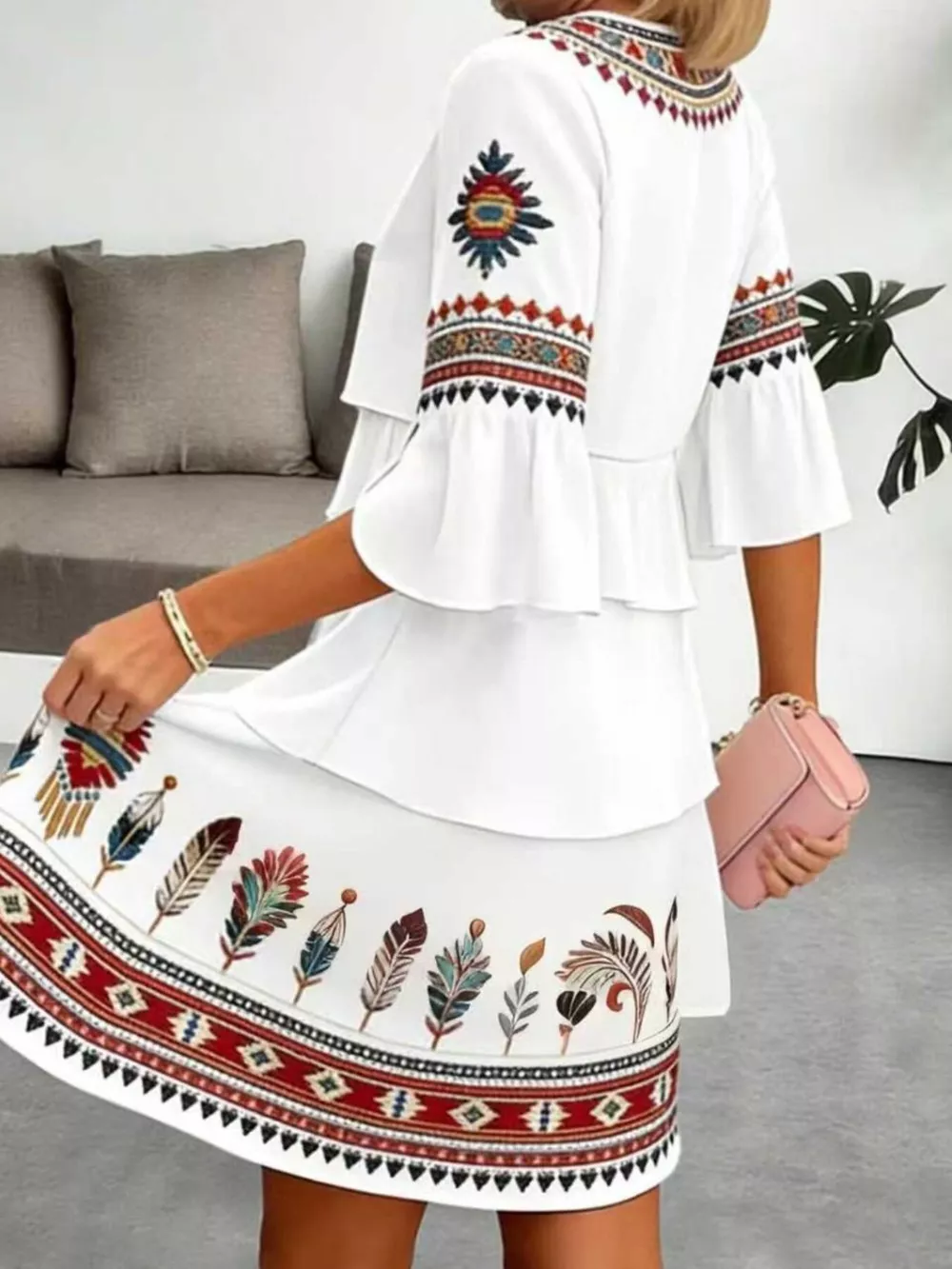 Full Size Printed Notched Ruffled Half Sleeve Dress Plus Size, image 3