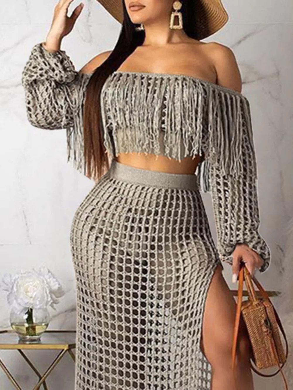 Full Size Crochet Off-Shoulder Fringe Top and Skirt Set Plus Size, image 23