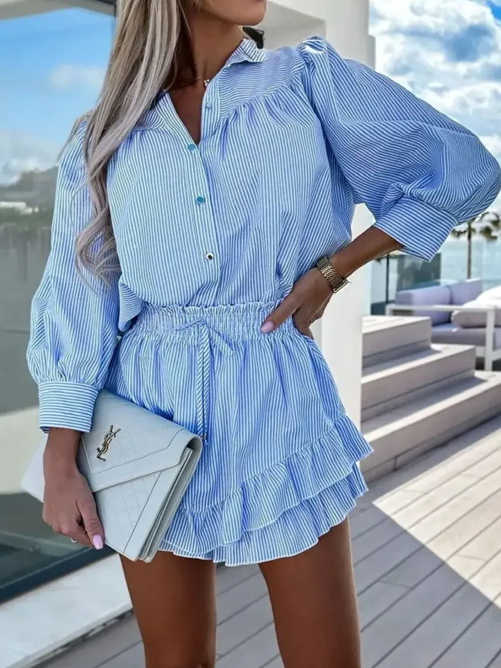 Striped Shirt and Skirt Set with Ruffle Details, image 5