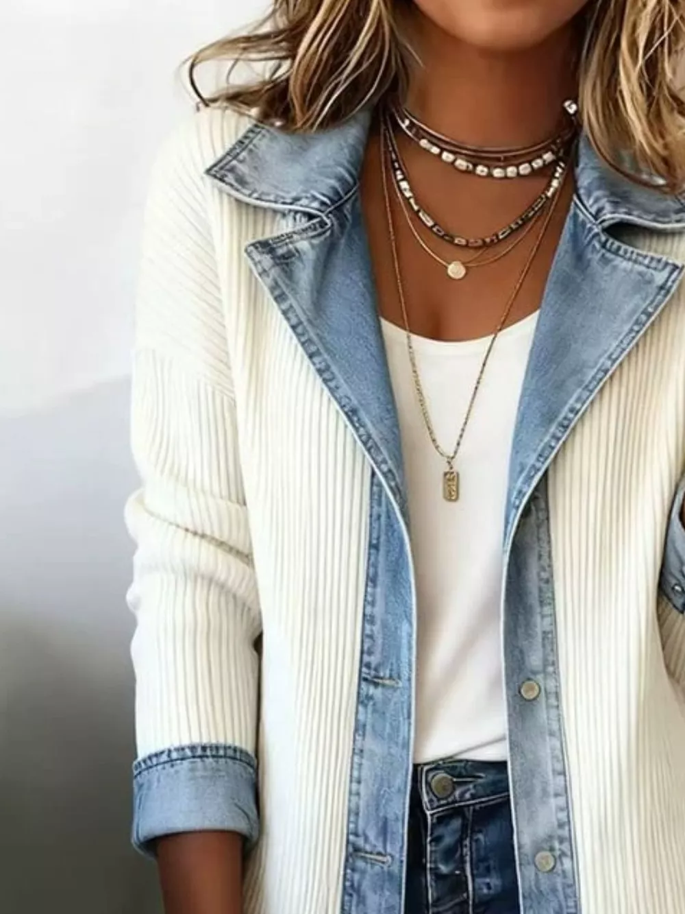 Full Size Denim Trim Ribbed Knit Jacket Plus Size, image 6