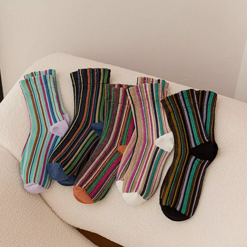 Multi-Color Striped Cotton Crew Socks, image 2