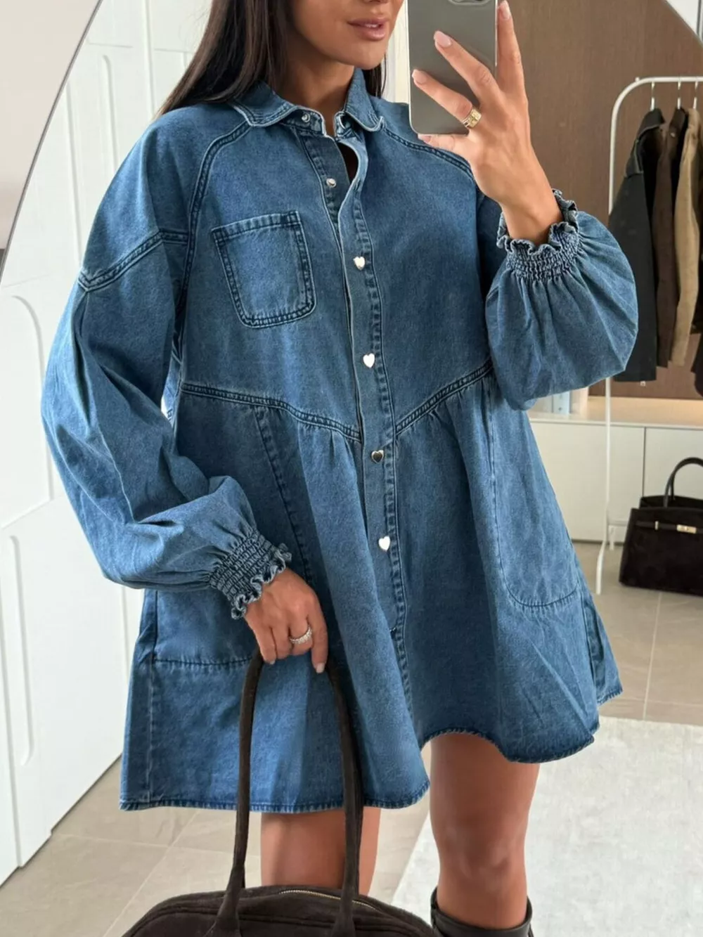 Button Down Mini Denim Dress with Front Pockets, image 8