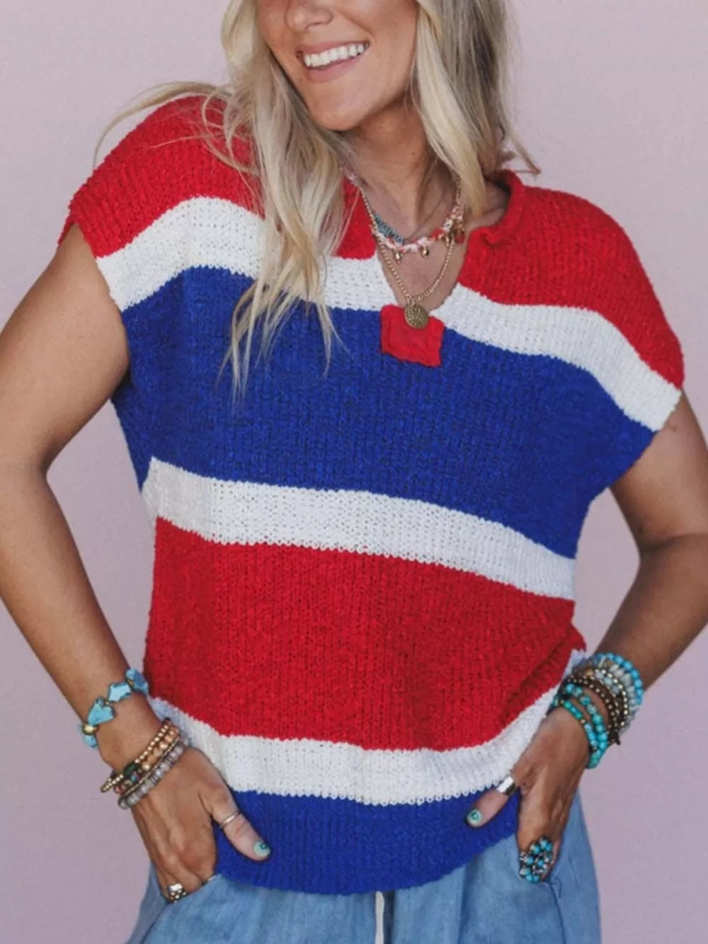 Striped Notched Short Sleeve Sweater, image 2