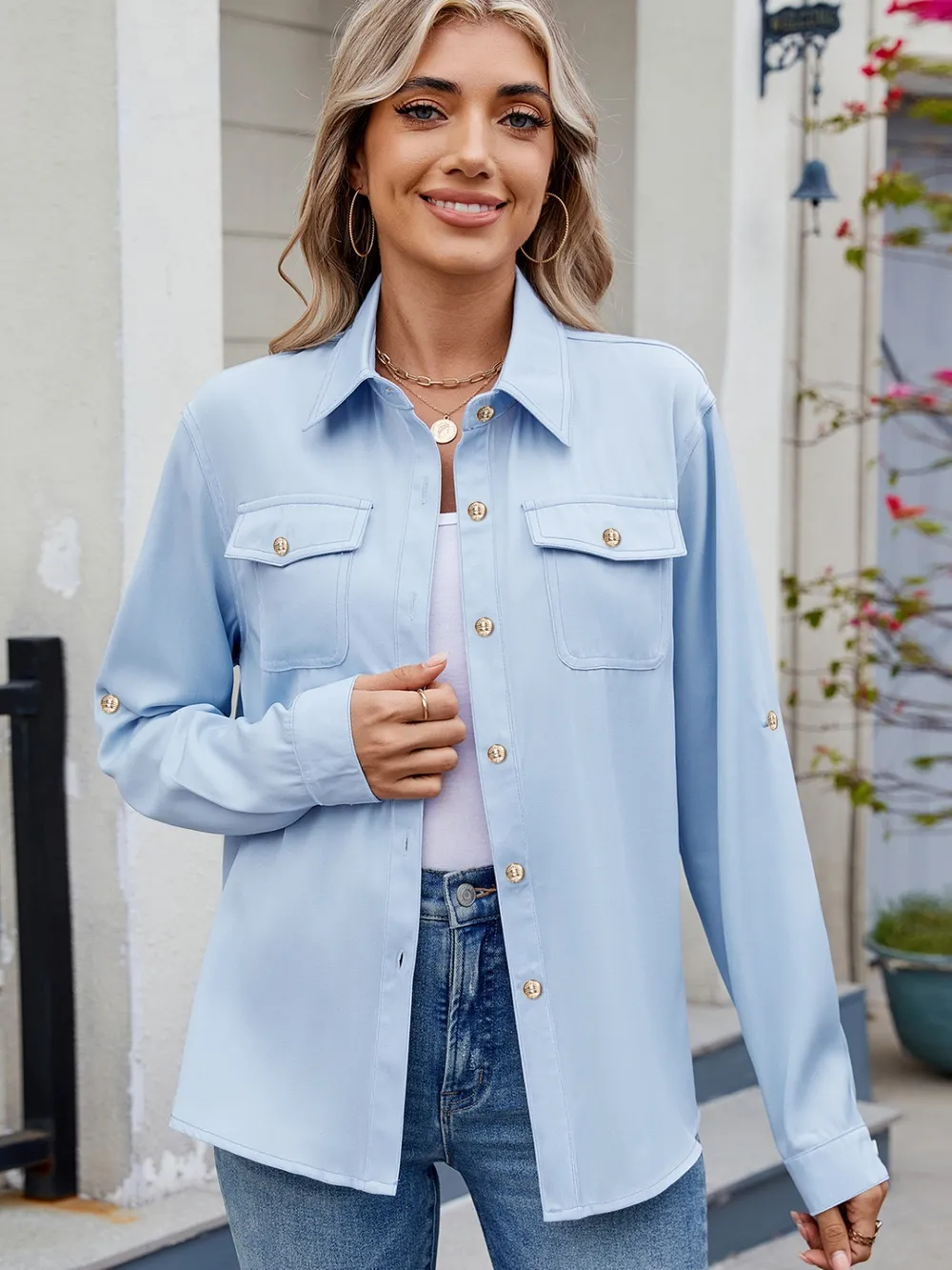 Solid Color Collared Neck Long Sleeve Shirt, image 11