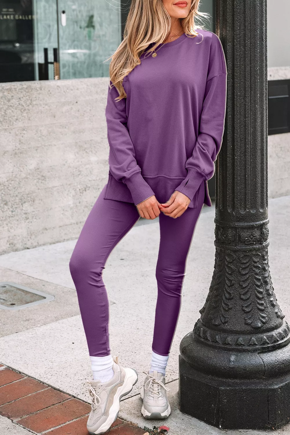 Side Slit Long Sleeve Sweatshirt and Pants Set