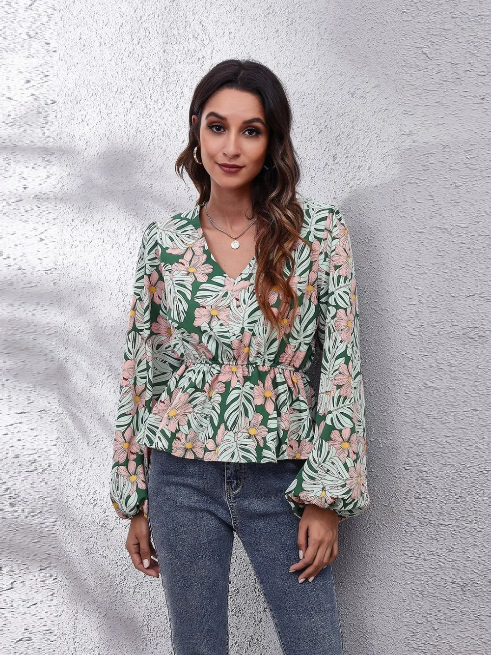 Ruched Printed V-Neck Long Sleeve Blouse, image 24
