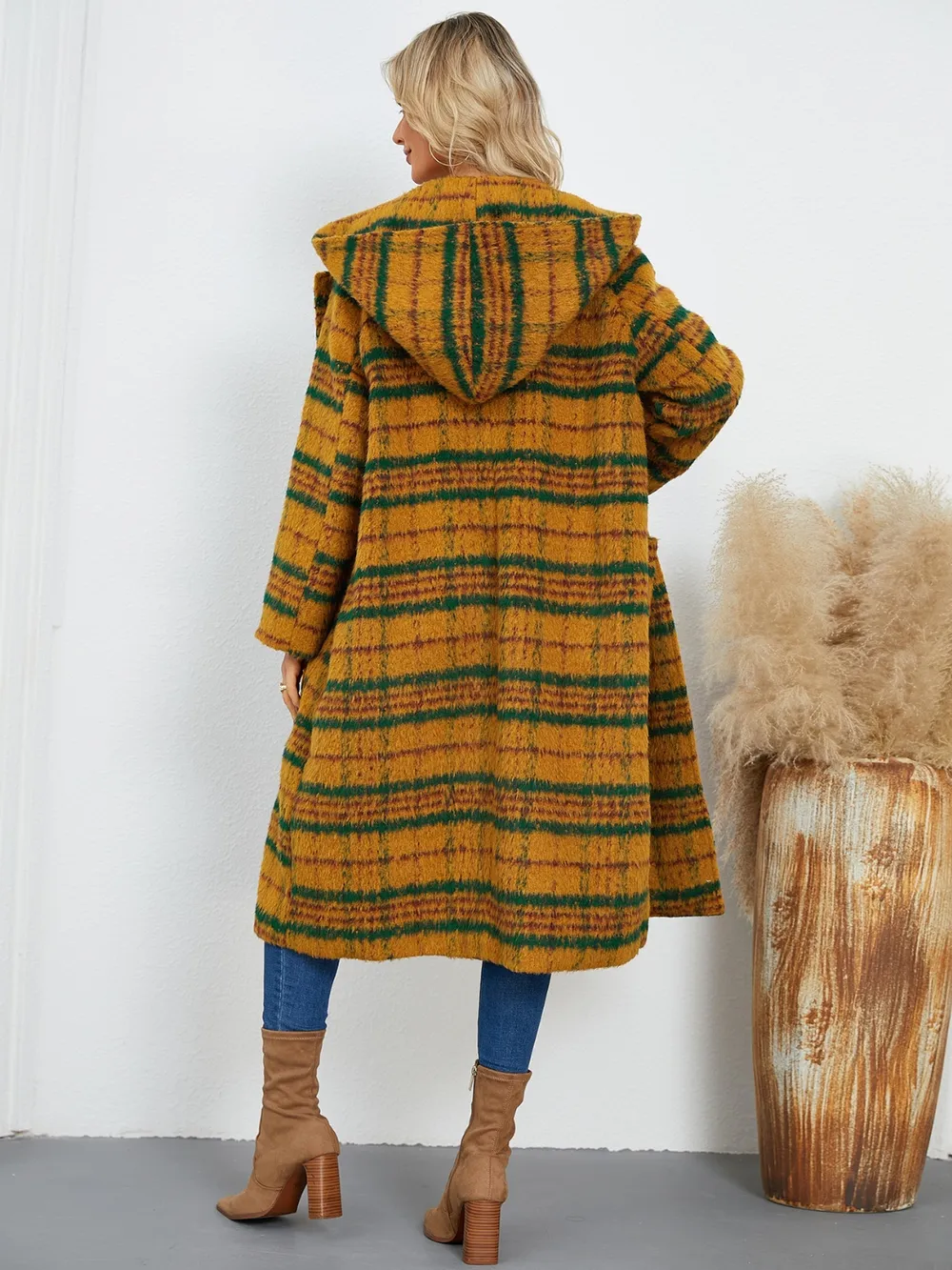 Plaid Long Sleeve Hooded Coat with Pockets, image 11