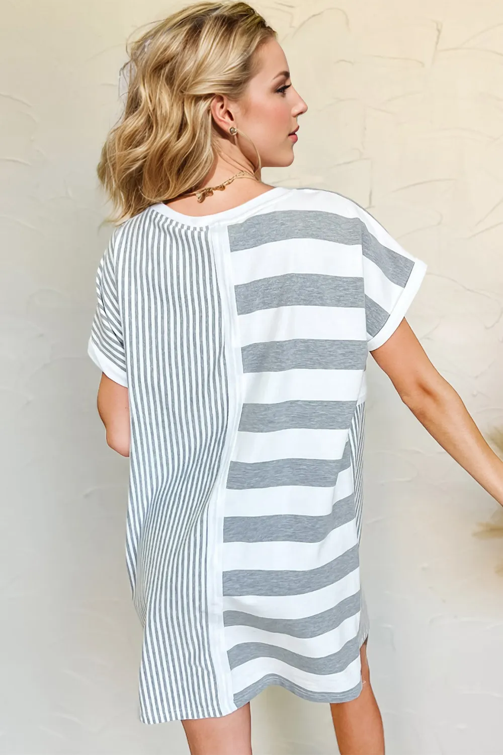 Full Size Striped Round Neck Short Sleeve Mini Tee Dress, image 2