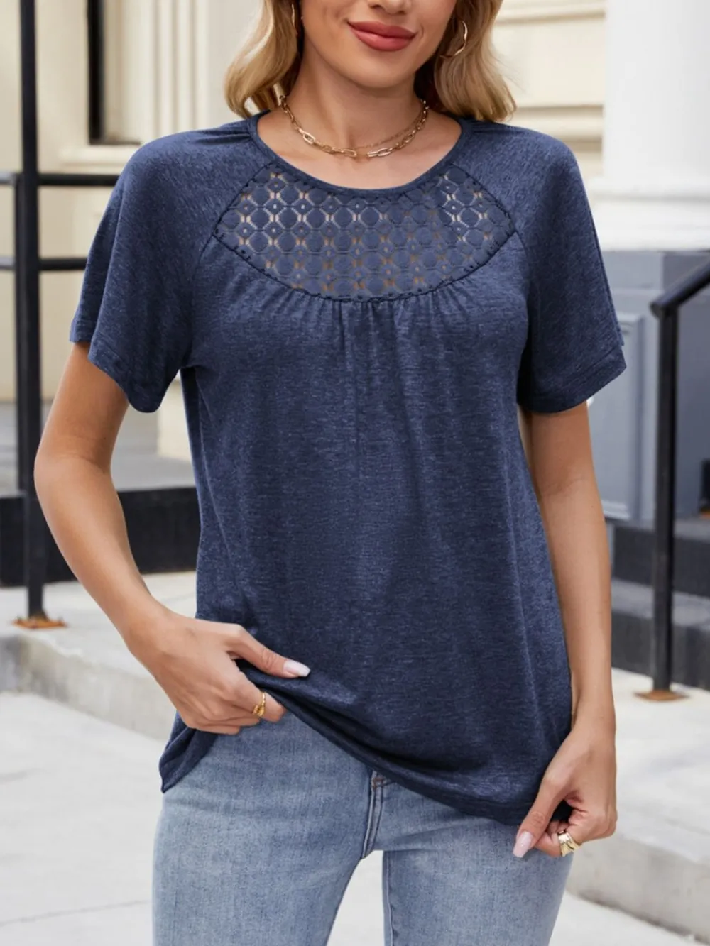 Lace Detail Round Neck Short Sleeve Blouse, image 18