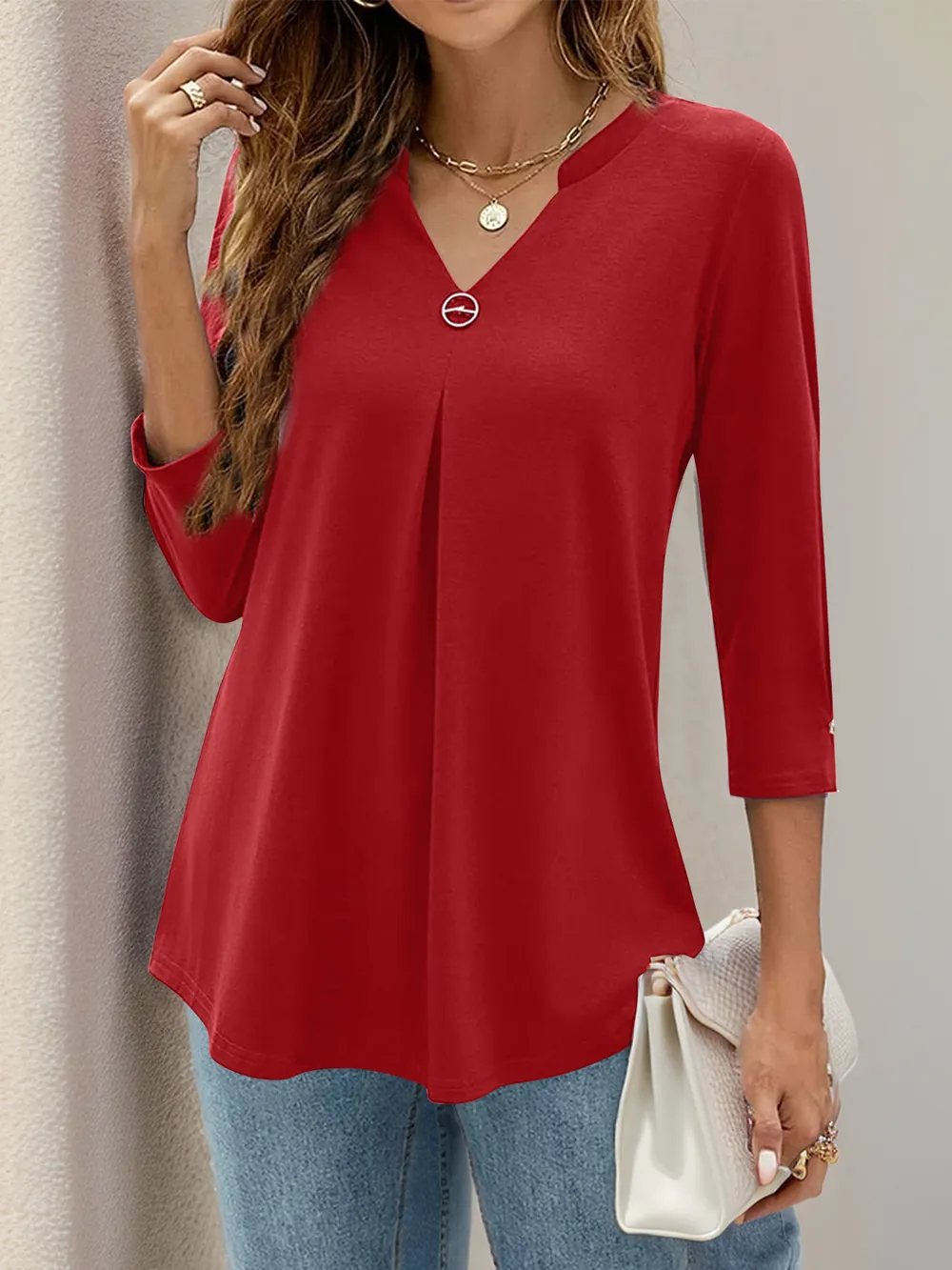 Notched Three-Quarter Sleeve T-Shirt, image 20