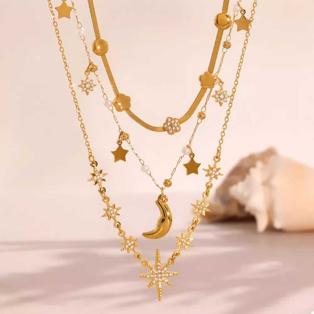 18K Gold-Plated Stainless Steel Zircon Star Moon Necklace, image 9