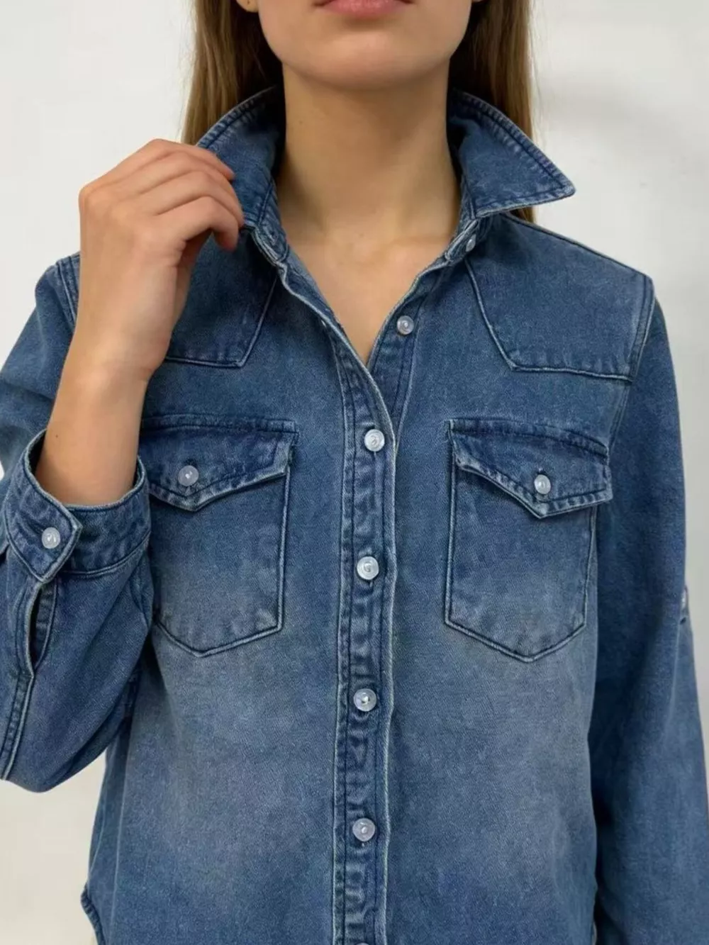Button Down Classic Western Style Denim Top, image 3