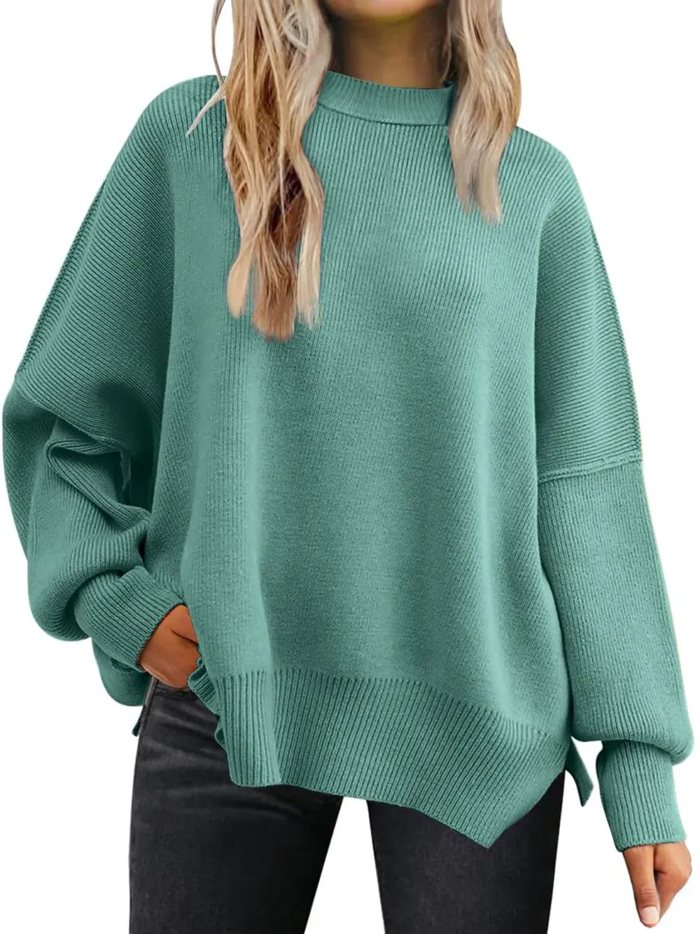 Slit Round Neck Dropped Shoulder Sweater, image 35