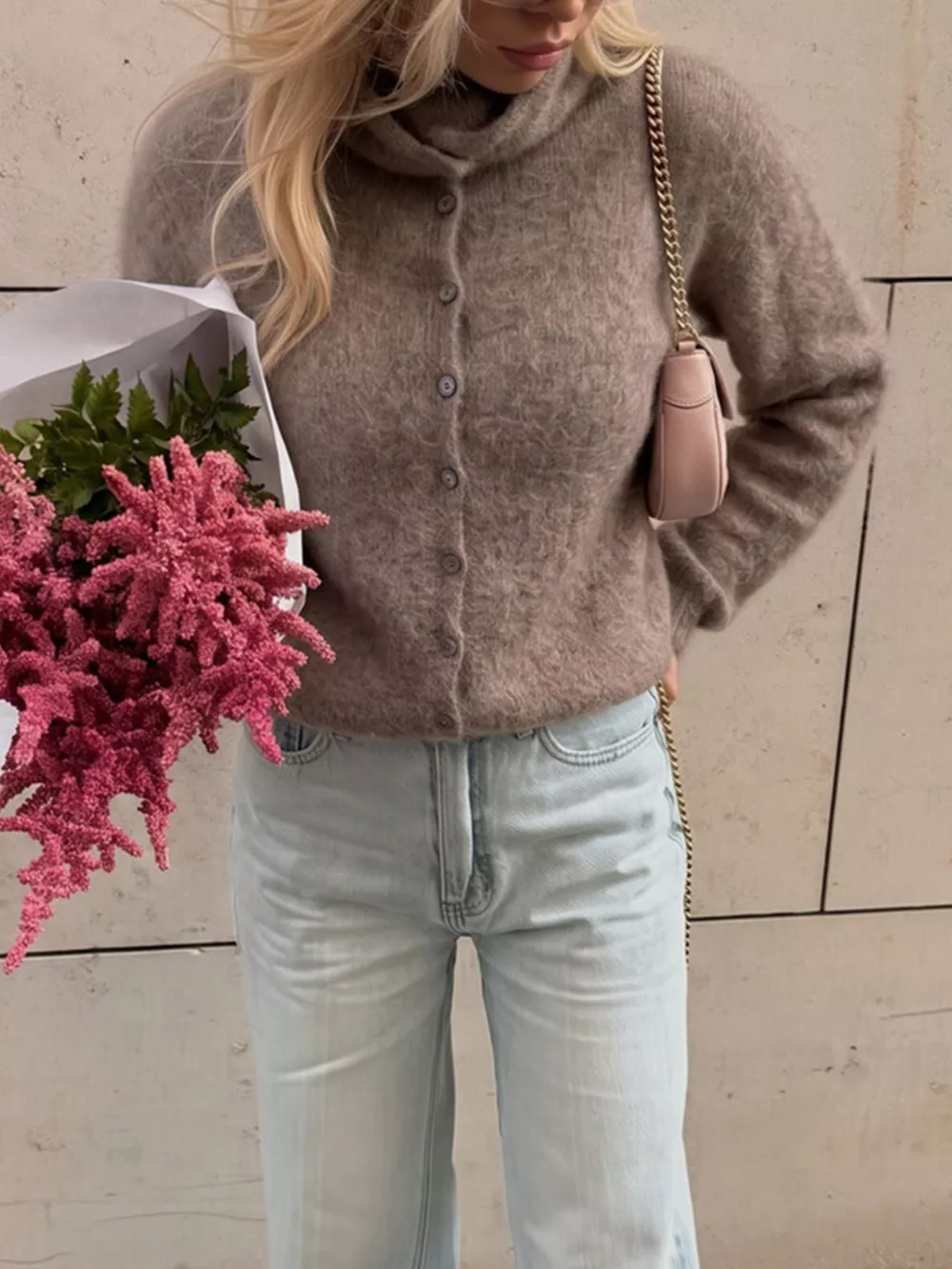 Mock Neck Button-Down Fuzzy Knit Cardigan, image 22