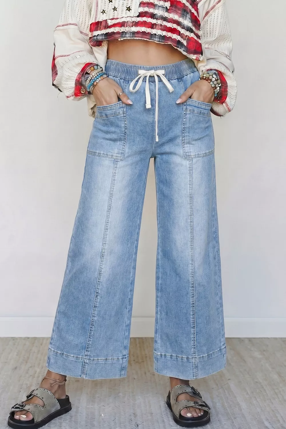 Drawstring Waist Wide Leg Ankle Length Jeans, image 5